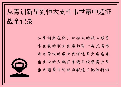 从青训新星到恒大支柱韦世豪中超征战全记录