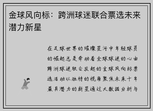 金球风向标：跨洲球迷联合票选未来潜力新星